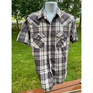 Plaid Western Shirt By Plains Button-Up Snap Pockets Short Sleeve Gray/White/Red